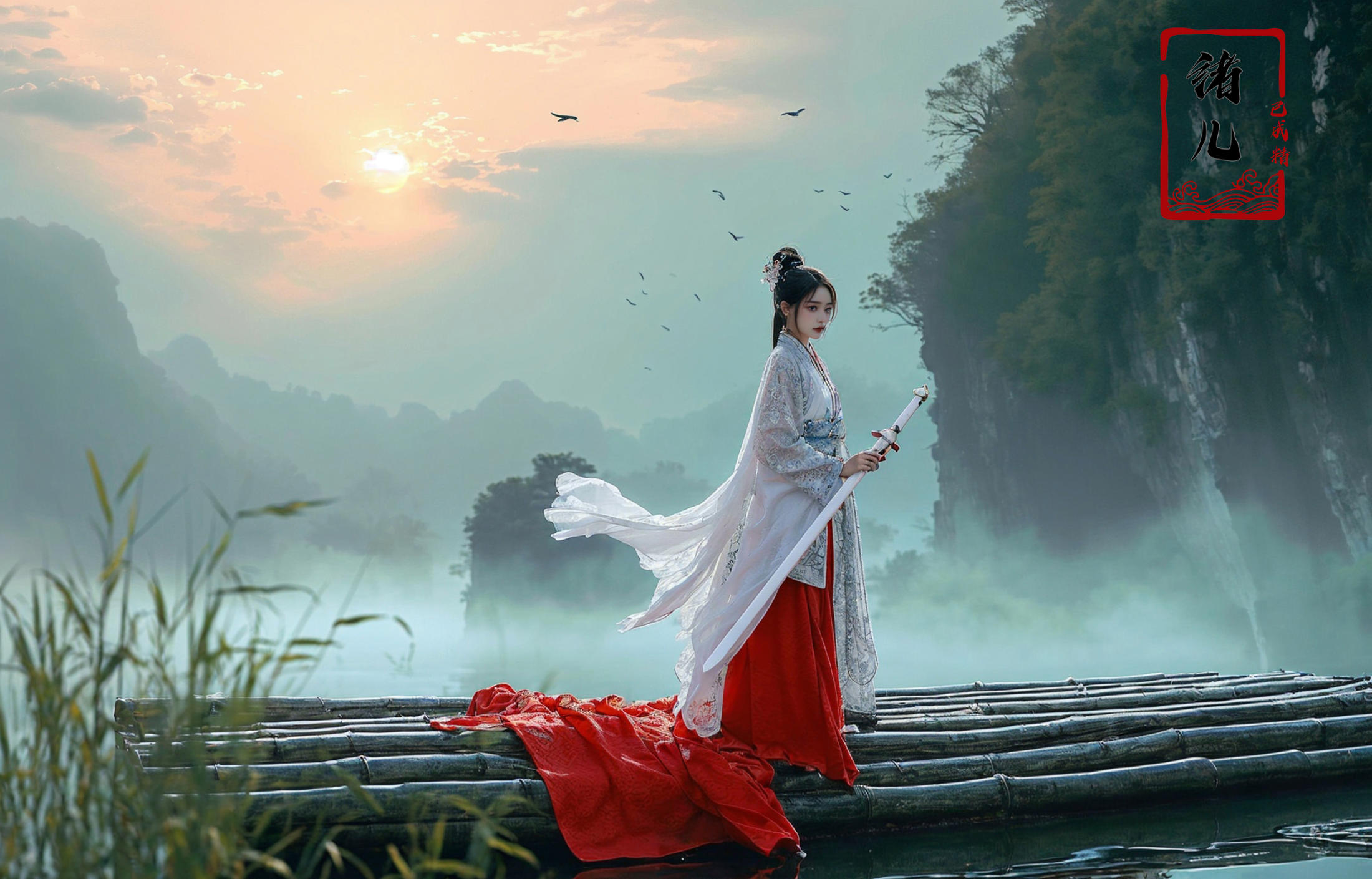 绪儿-山水渔夫 long raft with Landscape fisherman image by XRYCJ