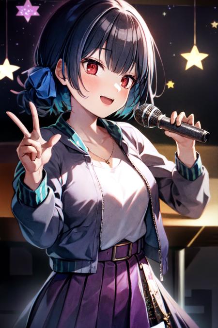 <lora:morino rinze_Loha:1>morino rinze, 1girl, solo, skirt, microphone, jacket, holding microphone, holding,  red eyes, belt, shirt, pink skirt, pointing, white shirt, blue hair, short hair, long sleeves, open mouth, bangs, looking away, hair ribbon, open jacket, open clothes, ribbon, purple skirt, star (symbol), letterman jacket, blue jacket