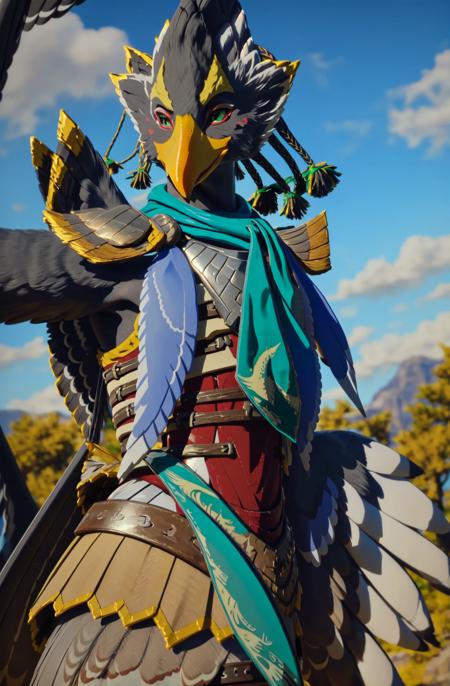 masterpiece, best quality, revali, anthro, avian bird, beak, ((winged-arms)), detailed, masterpiece, forest  background, blue sky , green eyes,  bird tail, armor, feathered wings, claws, tail, blue, feathers, looking at viewer, cowboy shot, upper  body