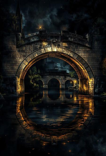 ethereal feel, High-definition 
"Create a digital painting of a stone arched bridge at night, illuminated by warm lights that highlight its architectural details. The bridge spans a calm body of water, where its semi-circular form is reflected perfectly, creating the illusion of a full circle or moon shape. The surrounding environment is dark, with hints of greenery and other architectural elements visible in the background, suggesting an urban or park setting at night."