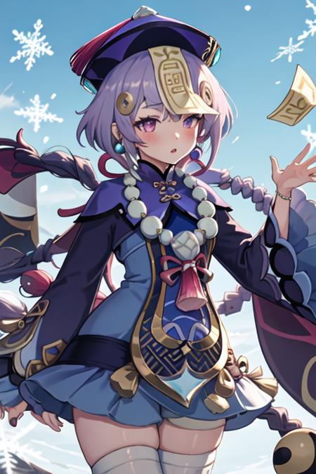 best quality, masterpiece, highres, solo, {qiqi_genshin:1.15}, purple_hair, bangs, hat, ofuda, qing_guanmao, hair_ornament, purple_eyes, jewelry, jiangshi, necklace, beads, bead_necklace, coin_hair_ornament, purple_headwear, long_hair, braid, hair_between_eyes, blush, 1girl, long_sleeves, looking_at_viewer, vision_\(genshin_impact\), wide_sleeves, dress, earrings, single_braid, snowflakes, thighhighs, white_thighhighs, parted_lips