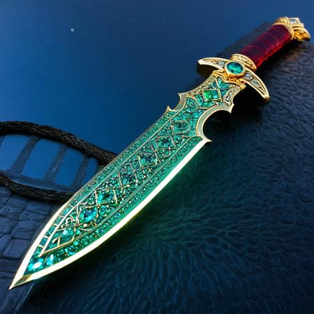 (((a photo-realistic image of the Sword of Light, a mythical Irish Celtic sword embued with magic powers. Its pommel is made of a tiny shiny bluish green crystal AND its short grip is made of shiny reddish-tinted golden metal sparkling like fire AND its short curved guard is made of a shiny reddish-tinted golden metal sparkling like fire AND its long blade is made of a shiny blusih green crystal AND set in the ruins of an ancient temple in a sunny sky AND illuminated by a single ray of light))), Masterpiece, top quality, best quality, aura of magical energy, glowing blade, shining blade, absurdres, insane levels of details, intricate details, 8k, sharp focus, cinematic image, trending on artstation