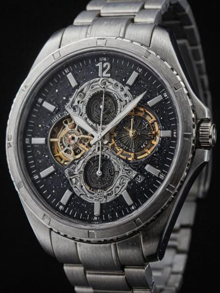 photo of a watch,  metallic lustre, a galaxy inside the watch, black gradient background, 35mm photograph, professional, 4k, highly detailed, intricate details, fine details, detailed textures