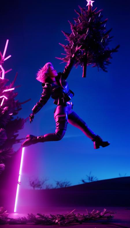 neonpunk style xmastreetoss, person throwing tree, scenery, detailed background, masterpiece, best quality, high quality, absurdres <lora:xmastreetoss_xl_v1:1> . cyberpunk, vaporwave, neon, vibes, vibrant, stunningly beautiful, crisp, detailed, sleek, ultramodern, magenta highlights, dark purple shadows, high contrast, cinematic, ultra detailed, intricate, professional