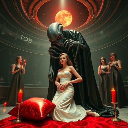 high-society elegant slender norvegian rich innocent young bride  kneeling  at weird red glossy foil pillow. She is ensnared by a towering, gray human-like alien, draped in a long, glossy wet-look black slime cloak, its eyes gleaming red with an otherworldly intensity.  its hands  ripping her corset. Its tentacles coiling her neck. Encased in light beam from the alien breeding chamber celling. Surrounded by strict ladies wearing glossy satin dominatrix attire, full skirts and glossy high heels,  holding red candles.   weird wet-look black slime  walls and floor, colossus observation blister to outer space full of stars, bright red moon, vintage-inspired makeup, long hairs, ultra thin waist, evil grin, porcelain skin, lipstick, red nails, in the style of a haunting, retro-futuristic 1950s sci-fi nightmare, horror, alien space base,,