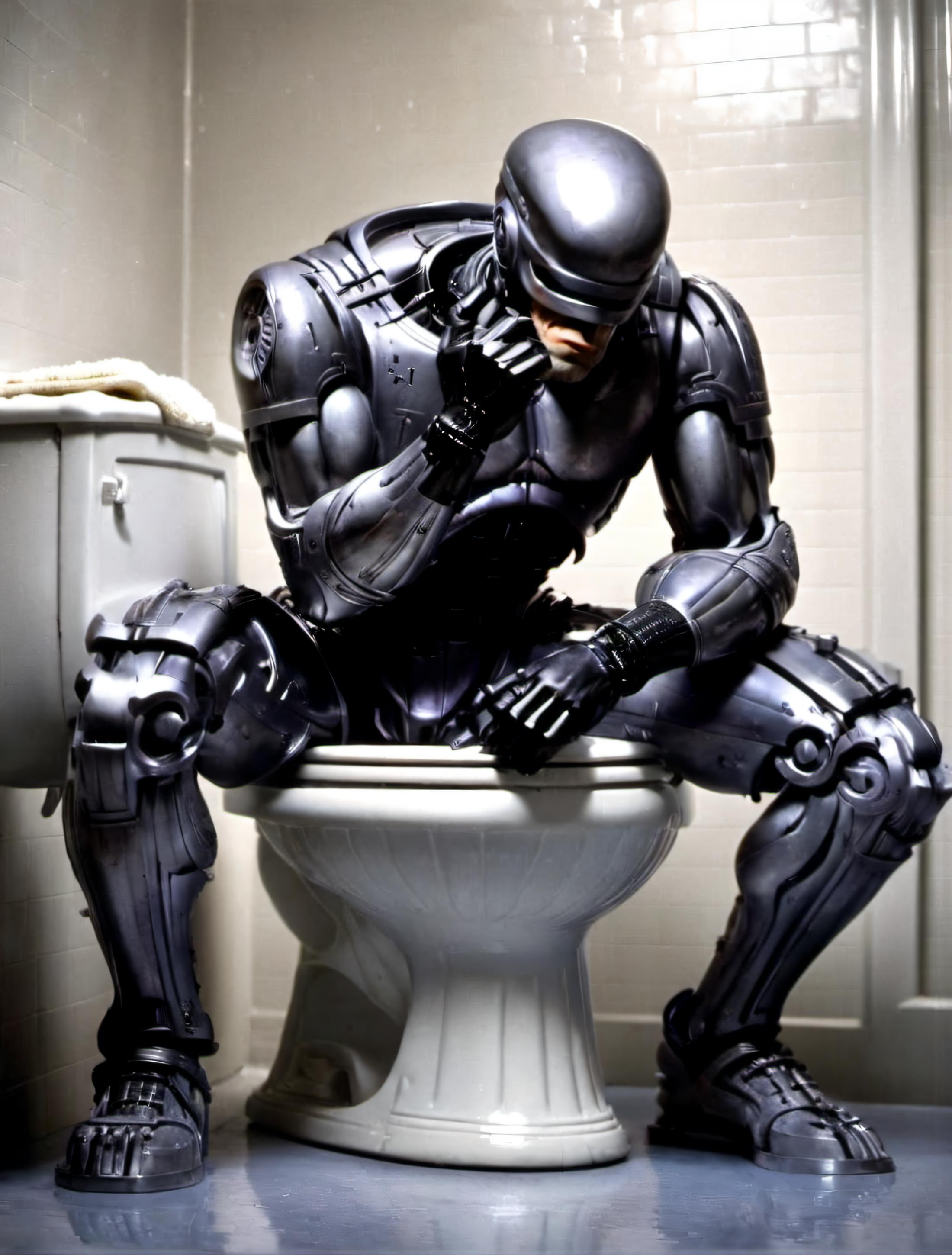 A RoboCop figure sitting on a toilet with his hand on his face.