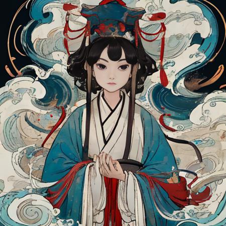 <lora:xuanxue:1>,4k,1girl,  asian, robe, long sleeves, jewelry,solo, wide sleeves,  chinese clothes, upper body,black hair,  black eyes,hanfu,multicolored background, ribbon, waves, cute face,