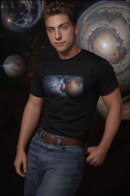 RAW Photo, DSLR, realistic photo of lance_bass wearing a nasa shirt with a space background, galaxies, space, planets, stars <lora:LANCE_BASS_2000s-07:1>, 2000's filter