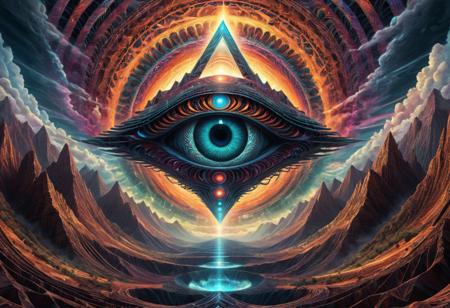 Fractangles, made out of fractangles, <lora:add-detail-xl:1>, massive floating oracle eye formed entirely from concentric angular fragments, hovering over a deep canyon of shifting geometry, beams of colored light piercing the clouds above, sacred and alien presence, dramatic lighting, ultra-detailed, abstract mysticism