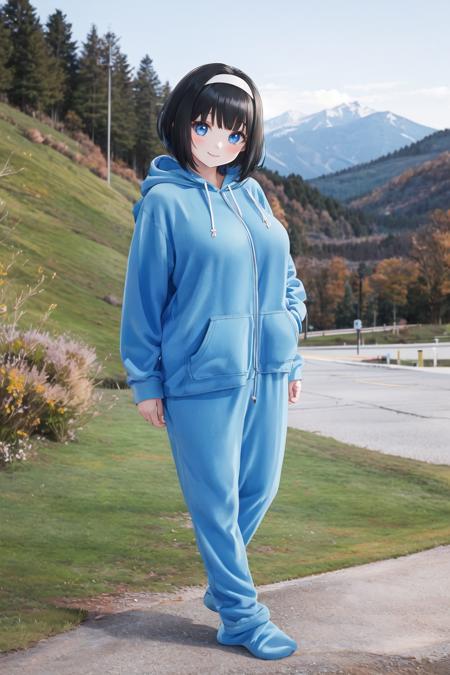 <lora:footie:0.6>, hoodie-footie pjs, 1girl, full body, large breasts, hood down, outdoors, mountain, black hair, blue eyes, hairband, bob cut, smile