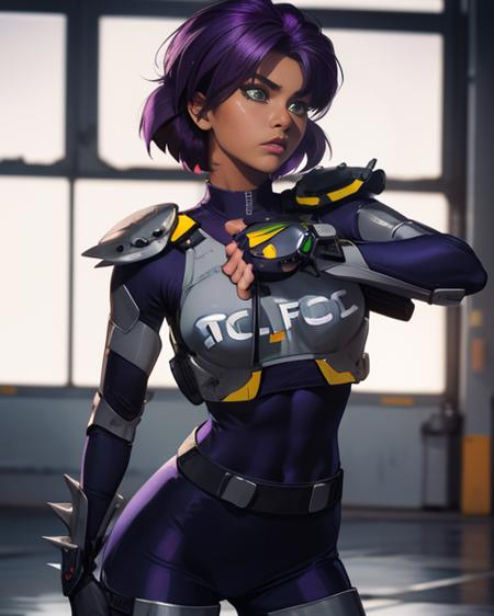 Kanoko, spiked hairstyle,  short purple hair with bangs, dark-skinned,  green eyes,makeup, (solo1:2) , serious expression, abs, standing, close up,  upper body,
KanArmor, navy blue tight bodysuit ,grey shoulder pads, grey knee pads,,fingerless gloves,cybercop,
police station, window, 
(insanely detailed, beautiful detailed face, masterpiece, best quality)     <lora:Kanoko-10V2:0.7>