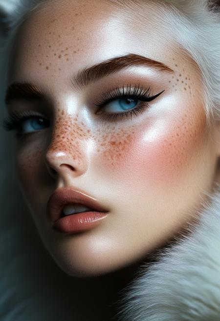 The image is a hyper-realistic digital artwork created in a photorealistic style, focusing on a close-up portrait of a young woman with striking, ethereal features. She has pale, almost translucent skin with a subtle, delicate scattering of freckles across her cheeks and nose. Her piercing, almond-shaped eyes are a striking light blue, almost glowing in the soft, ethereal lighting. Her hair is platinum blonde and wild, cascading over her face and shoulders, blending into the white fur of a large, mystical-looking white fox that wraps around her face and neck.rockabilly style, realistic, 1girl, looking at viewer, wolf, slit pupils, animal, close-up, solo, white hair, portrait, 1950's