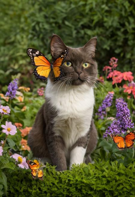 Create a whimsical scene where a cat is surrounded by a beautiful butterfly garden, with vibrant flowers and colorful butterflies fluttering all around. The cat's fur reflects the vibrant hues of the flowers and the delicate wings of the butterflies. Capture the cat from the side, showcasing the beautiful arrangement of flowers, the graceful movement of the butterflies, and the curious expression on the cat's face. Canon EOS 5D Mark IV, 1/1000s, f/5.6, ISO 800. Enhance the scene with a shallow depth of field to blur the background and draw attention to the cat, flowers, and butterflies. Apply a 3D pop effect to make the cat stand out, creating a magical and enchanting artwork.