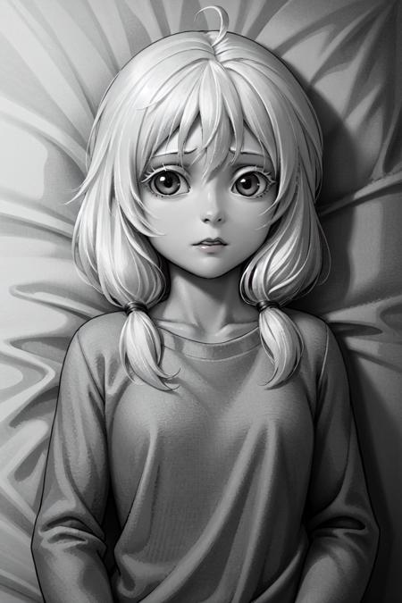 olya, 1girl, solo, long hair, looking at viewer,  twintails, monochrome, upper body, ahoge, greyscale,  low twintails,  <lora:olya:0.5>
bed, lies on the bed