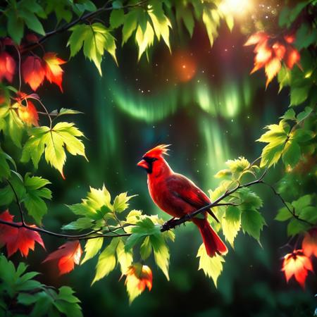morph-aurora,dark, chiaroscuro, low-key, breathtaking masterpiece showcasing a gorgeous red Cardinal bird, crimson-crowned nymph,  bathed in soft, golden morning light, surrounded by vibrant bokeh green leaves that frame its delicate form. <lora:aurora_0_100_V1-000009:1>