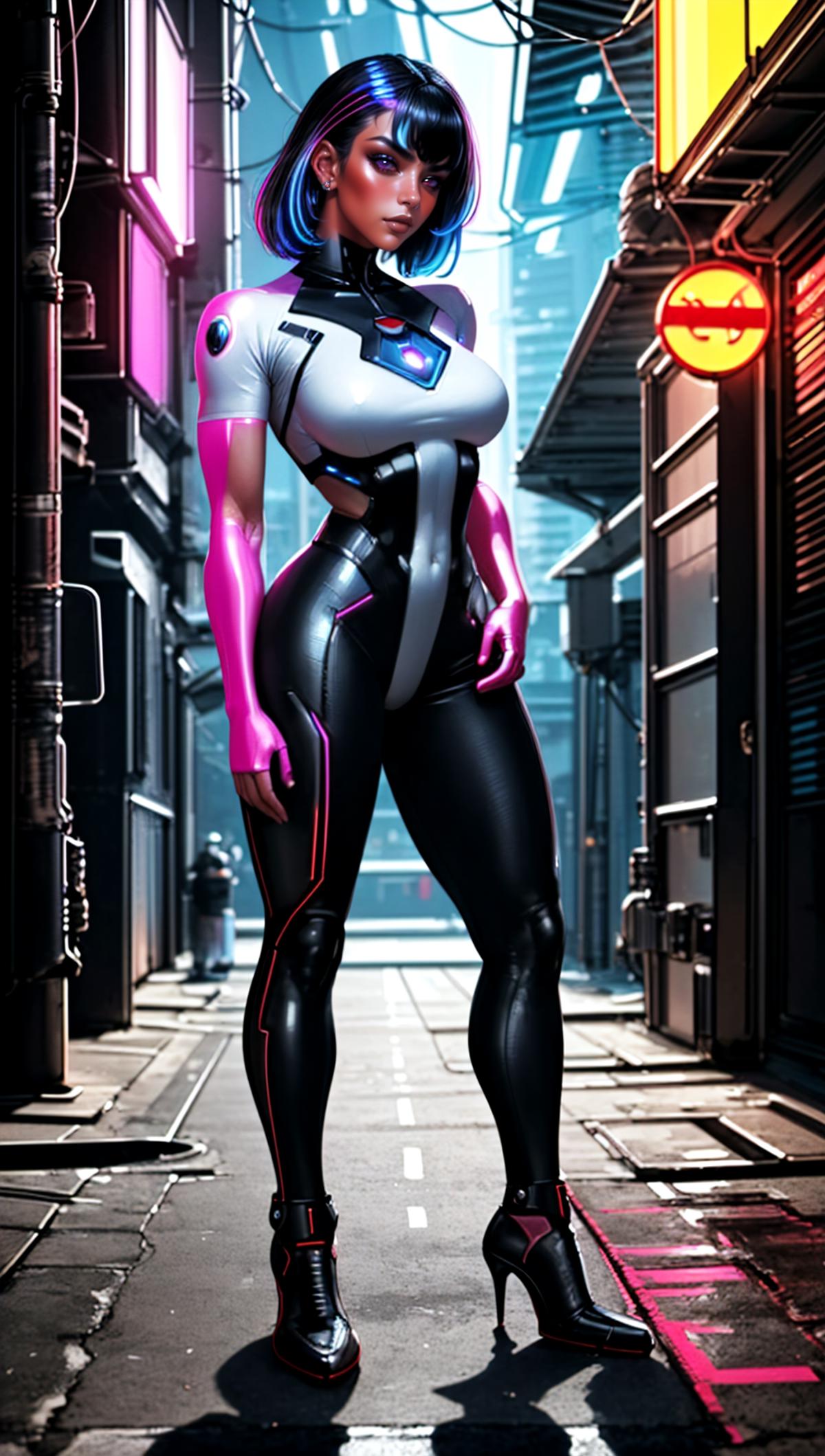 An animated image of a woman in a futuristic suit with pink and black colors.