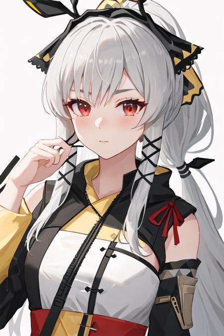 best quality, masterpiece, highres, solo, {weedy_arknights:1.15}, long_hair, bangs, red_eyes, grey_hair, upper_body, white_hair, very_long_hair, hair_ornament, 1girl, looking_at_viewer, ponytail, official_alternate_costume, portrait, sidelocks, simple_background, white_background