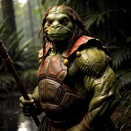 highly detailed  movie still of a (tortle:1.2) standing in a primitive jungle camp,

tortle, solo, looking at viewer, holding, weapon, holding weapon, armor, blurry, blurry background, colored skin, polearm, spear, realistic, green skin, chainmail,

realistic:1.1, depth of field, blurry, blurry background,

in a swamp,

photorealistic,
ultra photoreal,
32k, natural light,
sunbeams,







