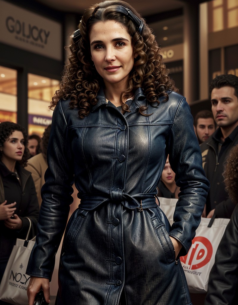 a little stocky M3l_K4n4k4 woman, in the city mall, crowd around her, wearing blue jeans and a black leather coat, she has...