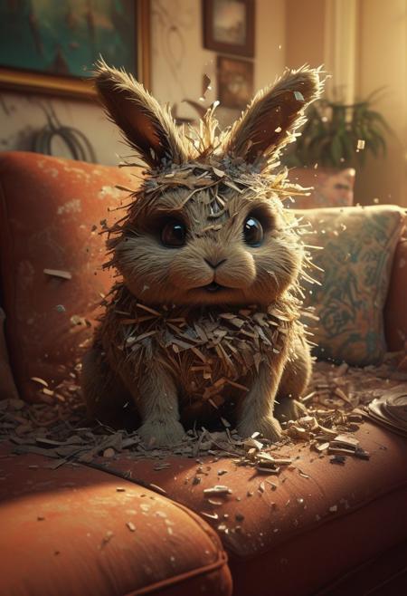 stunning image of a cute adorable dust bunny, made from dust and debris under the sofa, moody, grainy, noisy, concept art, by Alberto Seveso, Cyril Rolando, Dan Mumford, Meaningful Visual Art, Detailed Painting, Digital Illustration, Unreal Engine 5, 32k maximalist, hyperdetailed fantasy art, 3d digital art, sharp focus, masterpiece, fine art, OverallDetail