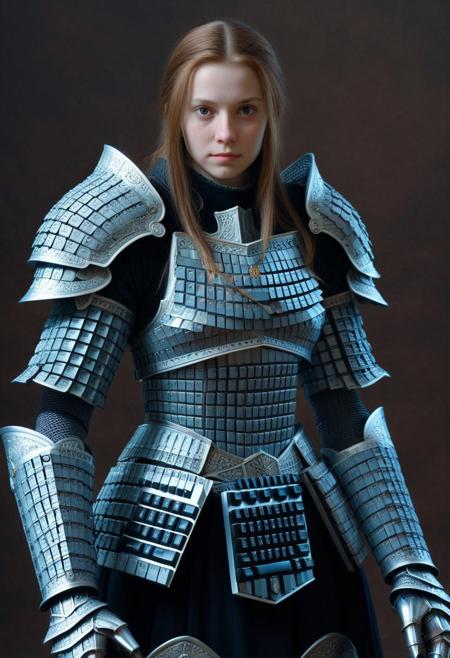 Masterpiece, High Details, High Quality, perfect, woman, full armor, made of keyboards, holding a sword made of ketboards