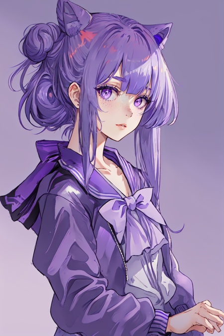 Paint_Style,1girl, solo, looking at viewer, bangs, simple background, bow, closed mouth, purple eyes, collarbone, jacket, upper body, purple hair, hair bow, sidelocks, multicolored hair, blunt bangs, hair bun, lips, eyelashes, double bun, portrait, freckles, purple background, realistic, nose, purple jacket<lora:Paint_Style:1>