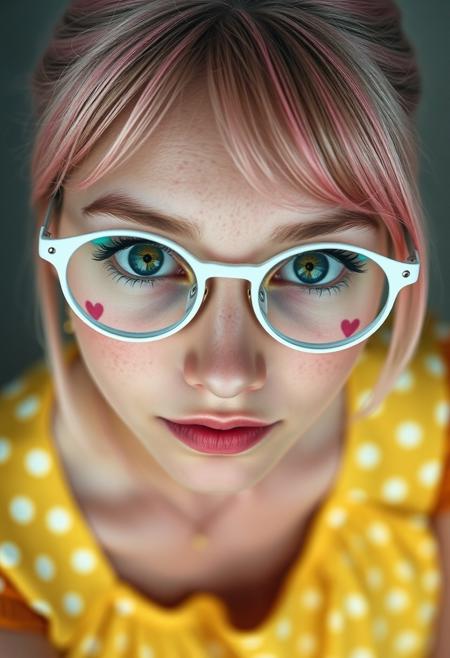 The entire photograph is monochrome, except for the blue eyes. The image is a close-up, high-angle portrait of a young 18 y.o. woman with striking green eyes, in round white glasses, with a pink choker. She is looking directly up at the camera, creating a strong connection with the viewer. Her facial features are soft, and she has a natural, almost ethereal beauty with a face full of freckles that add to her youthful and fresh appearance. There are tattos, pink symbol of heart, on each cheeks. Her pink hair is styled with a side-swept fringe that partially covers her forehead, and the rest of her hair appears to be tied back or away from her face. She is wearing a yellow dress with white dots, which can be seen in the lower part of the image. The focus on her eyes and face gives the image an intimate and engaging quality, with the high resolution capturing every detail of her skin and expression. The background is softly, emphasizing her face as the central point of the image. The overall feel of the image is delicate, natural, and photorealistic, capturing the subject's innocence and charm.