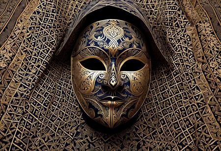 masterpiece, best quality, amazing quality, high resolution, closeup, Indonesian Batik Morph,  Envision geometry as the metaphysical language of space itself—an ancient force born from Earth's measurements, beauty, professional 3d model a mask made out of sheets of Batik Fabric.  Indonesian Batik Morph