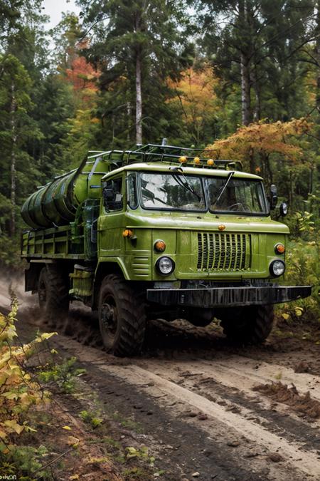 photo RAW,(<lora:gaz66:0.7>, a (Lime:1.15) truck driving down a road forest,high speed,stormrain,autumn), masterpiece, award winning photography, lighting, perfect composition, high detail, hyper realistic,dramatic lighting, epic