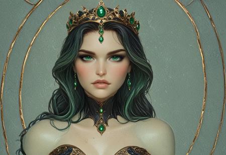 ArsMJStyle, art nouveau, masterpiece, best quality, hyper-realistic, ultra-HD, intricate textures, luminous lighting, cinematic ambiance, shimmering gradients, ethereal glow, deep contrast, soft volumetric fog, subtle particles, radiant reflections, rich color tones, seductive atmosphere, captivating sensuality, Cinematic Lighting, Shadow, backlit, backlighting, Photorealistic 
BREAK
Full body, raytracing, volumetric lighting, ambient occlusion, shimmering particles in the air, intricate cinematic background, intimate and seductive, Transparent jade green stained glass wall, Transparent dress
BREAK
(a jade stone statue of a woman), standing posed, beautiful girl, long hair, green hair, green eyes, jade, transparent green stone skin, green formal gown, (Large, jade green, glass, royal crown), detail eyes, absurdres, newest, center frame, stained glass