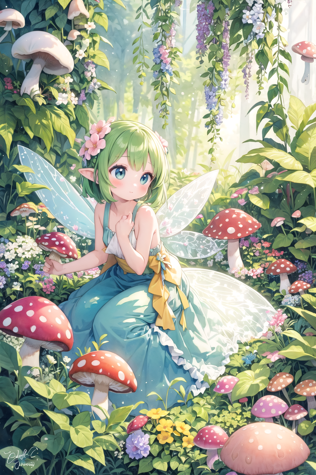 watercolor,pastelcolor,colorful,fairy,fairy wings,flowers,plants,mushroom,light particles,