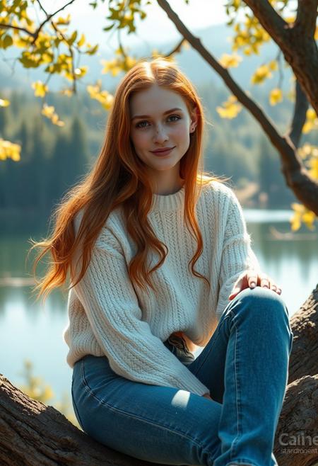 A surreal and hyper-realistic scene featuring a classical beauty with beautiful ginger hair, wearing blue jeans and a white jumper. The intricate details of her attire are highlighted, set against a dreamy, ethereal lake background. The scene is illuminated with soft, magical lighting, enhancing the otherworldly and enchanting atmosphere, sitting in a tree overlooking the forest and lake. It is sunny.
surreal, hyper-realistic, classical beauty, blue jeans, white cozy jumper, beautiful (dark brown) eyes, pale white skin, pale skin, freckles, intricate details, dreamy background, ethereal, warm magical lighting, warm lighting, enchanting, visually stunning, high quality, detailed, sharp clarity, breathtaking, elegant, graceful, relaxed, small gentle smile, cute, redhead, sexy, 
looking at viewer, long hair, pretty girl, small medium breasts, beautiful girl,
