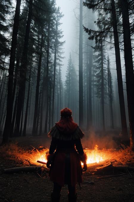 photo of a 20yo girl, Hellblade shaman, illuminated by a big fire,redhead, summoning spirits, night forest background, looking at the camera