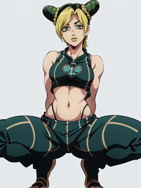 1girl, solo, jolyne, green eyes, lips, closed mouth, looking at viewer, short hair, crop top, pants, <lora:jolyne-09:0.9>, simple background, squatting, spread legs, thick thighs, bare arms, arms behind back, sleeveless