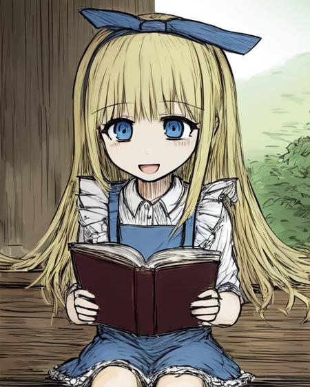 <lora:BlackSouls:1>
little 1girl, sitting, reading a book, solo, long blonde hair, blue eyes, red hairband, blue dress, white frilly apron,smile, open mouth, outdoors