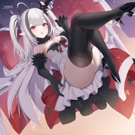 swf,(hyper extreme detailed),(masterpeace),(best quality),(hyper extreme),CG,nomal leg,good anatomy,1girl,indoors,bedroom, <lora:Sevastopol:1>,Sevastopol,white hair, long hair, red eyes,side ponytail, white dress,black shirt, black long gloves, black long skirt, black thighhighs, high heels,