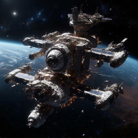 Design a breathtaking scene set in the vastness of space, where a futuristic spaceship is gracefully docking with a massive space station. Imagine this spacecraft as a marvel of human engineering, with sleek lines, glowing accents, and an array of advanced technologies on display. The space station, a towering structure with intricate details and multiple docking ports, serves as a bustling hub of interstellar activity.

As the spaceship aligns perfectly with the docking bay, highlight the intricate dance of mechanical arms and magnetic locks securing the two structures together. Add a dramatic touch with a vibrant nebula glowing in the background, its vivid colors contrasting the dark void of space. Enhance the sense of depth and movement with stars streaking across the scene, creating a captivating starfield.

Include subtle lighting effects to showcase the reflective surfaces of the spaceship and space station, emphasizing their metallic sheen. Perhaps add a few smaller vessels or spacewalkers nearby, providing a sense of scale and additional visual interest. The overall composition should evoke a sense of wonder, showcasing the beauty and excitement of space exploration and the potential of human ingenuity in the future.
