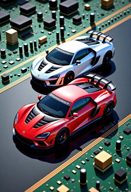 amazing photo of two super-cars racing on a TzigoCBS racetrack, low angle, photo realistic style, best quality, high quality, best lighting, masterpiece, ultra-detailed