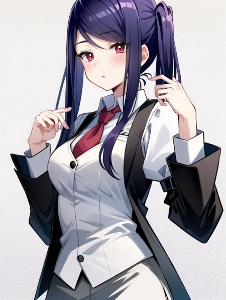 1girl, solo, bangs, blush, hand on own chest, jill stingray, long sleeves, looking at viewer, purple hair, medium breasts, necktie, shirt, solo, upper body, vest,  <lora:Jill_Stingray-02:1>, bartender, vest, white shirt,