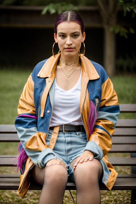 <lora:3mm4m4ck3y:1>, Realistic photo of a beautiful 3mm4m4ck3y woman,  1girl, solo, long hair, looking at viewer, skirt, blonde hair, shirt, long sleeves, brown eyes, jewelry, sitting, jacket, pink hair, pantyhose, multicolored hair, earrings, outdoors, parted lips, open clothes, striped, belt, necklace, blurry, bracelet, open jacket, lips, black jacket, ring, crossed legs, denim, red shirt, fishnets, zipper, hoop earrings, realistic, nose, fishnet pantyhose, bench, leather, leather jacket, denim jacket, professional Photography, Photorealistic, detailed, RAW, analog, sharp focus, 8k, HD, DSLR, high quality, Fujifilm XT3, film grain, award winning, masterpiece