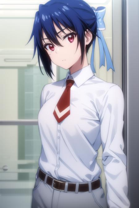 seishiroutsugumi, <lora:seishirou tsugumi s2-lora-nochekaiser:1>,
seishirou tsugumi, short hair, (red eyes:1.3), bow, blue hair, hair bow, mole, mole under eye, blue bow,
BREAK blazer, shirt, long sleeves, white shirt, necktie, collared shirt, belt, pants, red necktie,
BREAK indoors, classroom,
BREAK looking at viewer, (cowboy shot:1.5),
BREAK <lyco:GoodHands-beta2:1>, (masterpiece:1.2), best quality, high resolution, unity 8k wallpaper, (illustration:0.8), (beautiful detailed eyes:1.6), extremely detailed face, perfect lighting, extremely detailed CG, (perfect hands, perfect anatomy),