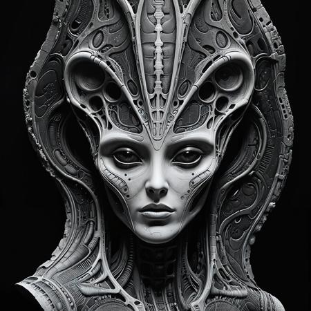 (The Alien face:1.55) using black and white art, monumental figures, in the style of fantastical ruins, high detail, (film grain:1.3), background is darkness