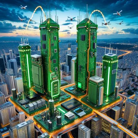a cityscape designed as an enormous vertical motherboard, skyscrapers doubling as capacitors and regulators, metro lines flowing through LED-lit data channels, clouds shaped from solder smoke, drones flying along clock-synced lanes, pcb_style