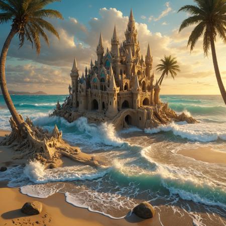 high definition, cinematic film still. a majestic, intricately designed sandcastle, with towering spires and grand arches, stands precariously on the shoreline as the turquoise ocean waves surge past eroding the structure, causing parts of it to crumble and fall into the foamy surf. Palm trees, sand dunes, rocks, driftwood, golden light of the setting sun casting long shadows across the wet sand.