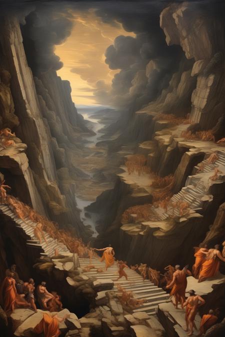 <lora:Nicolas Poussin Style:1>Nicolas Poussin Style - Perspective painting of looking down from olympus to hades, beautiful greek mythology, incredible dynamic perspective concept art, beautiful and detailed and emotional