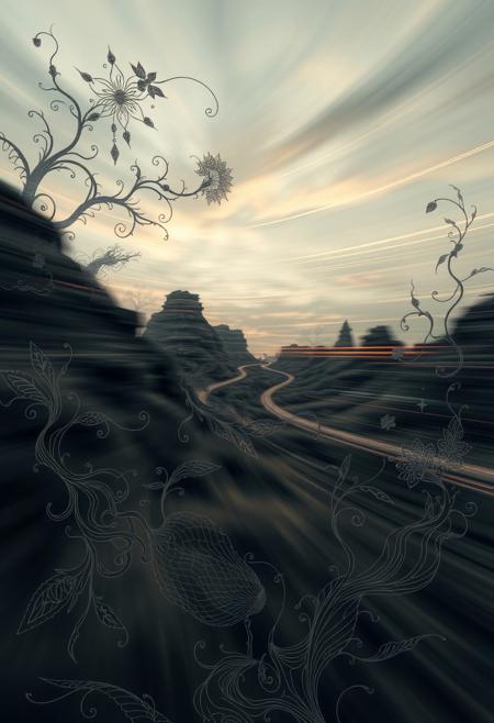 A dynamic long-exposure photograph of a surreal landscape, capturing motion or light trails and blurred lines. Intricate linework, flowing organic forms, gothic elements, and nature-inspired motifs are depicted, using a muted color palette within a fine art aesthetic.