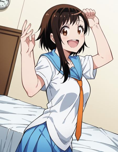 kosaki onodera, short hair, bangs, brown hair, brown eyes, short hair with long locks, asymmetrical hair, medium breasts, skirt, shirt, thighhighs, school uniform, collarbone, white shirt, pleated skirt, necktie, serafuku, sailor collar, blue skirt, blue sailor collar, orange necktie,