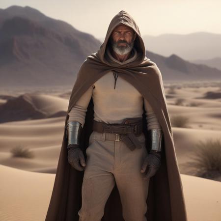 Muscular man stands tall, features short brown and grey hair, accompanied by a brown and grey beard, adorned in a beige sweater, brown trousers, metal bracers, with a tattered old brown cloak and hood billowing around him, set against a backdrop of a scorching desert planet, aesthetic in a dramatic lighting, ultra realistic, 8k, cinematic.