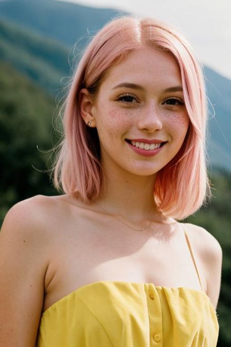 photograph of a cute girl, cute hairpin, pink hair, pale skin, freckles, blush, innocent, mountain background, Porta 160 color, shot on ARRI ALEXA 65, bokeh, sharp focus on subject, shot by Don McCullin, giving peace sign, big smile, (yellow dress)