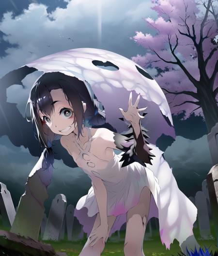 (Pandemonium:1.1); aniscreen; 1girl, solo, standing, reaching out, white dress,  black hair, bent over, little girl, grin,
bare tree,   cloud,  tree, sky,  tombstone, anime coloring, outdoors, graveyard, blue hair, night,  
 <lyco:shokeishojo28642_convP01_linearP045:1.0>